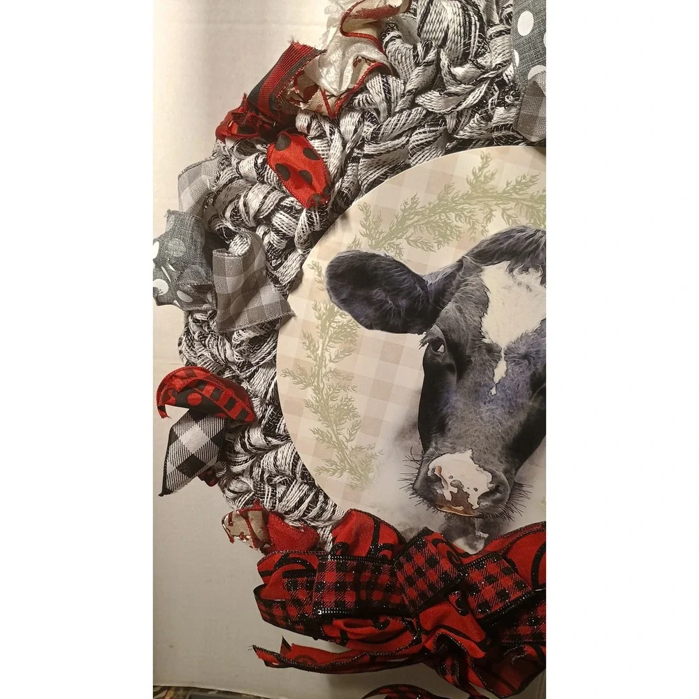 Handmade Cow Wreath Unisex Large Black White Excellent Farmhouse Plaid Mesh